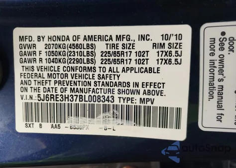 2011 Honda Cr-V Lx из США, поврежденный, VIN 5J6RE3H37BL008343